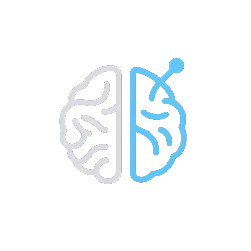 Minimalist brain icon logo split into two halves, left side in grey representing human thought, right side in blue with a neural signal node representing neuroscience and technology, on a black background — branding for NeuroSports Performance.