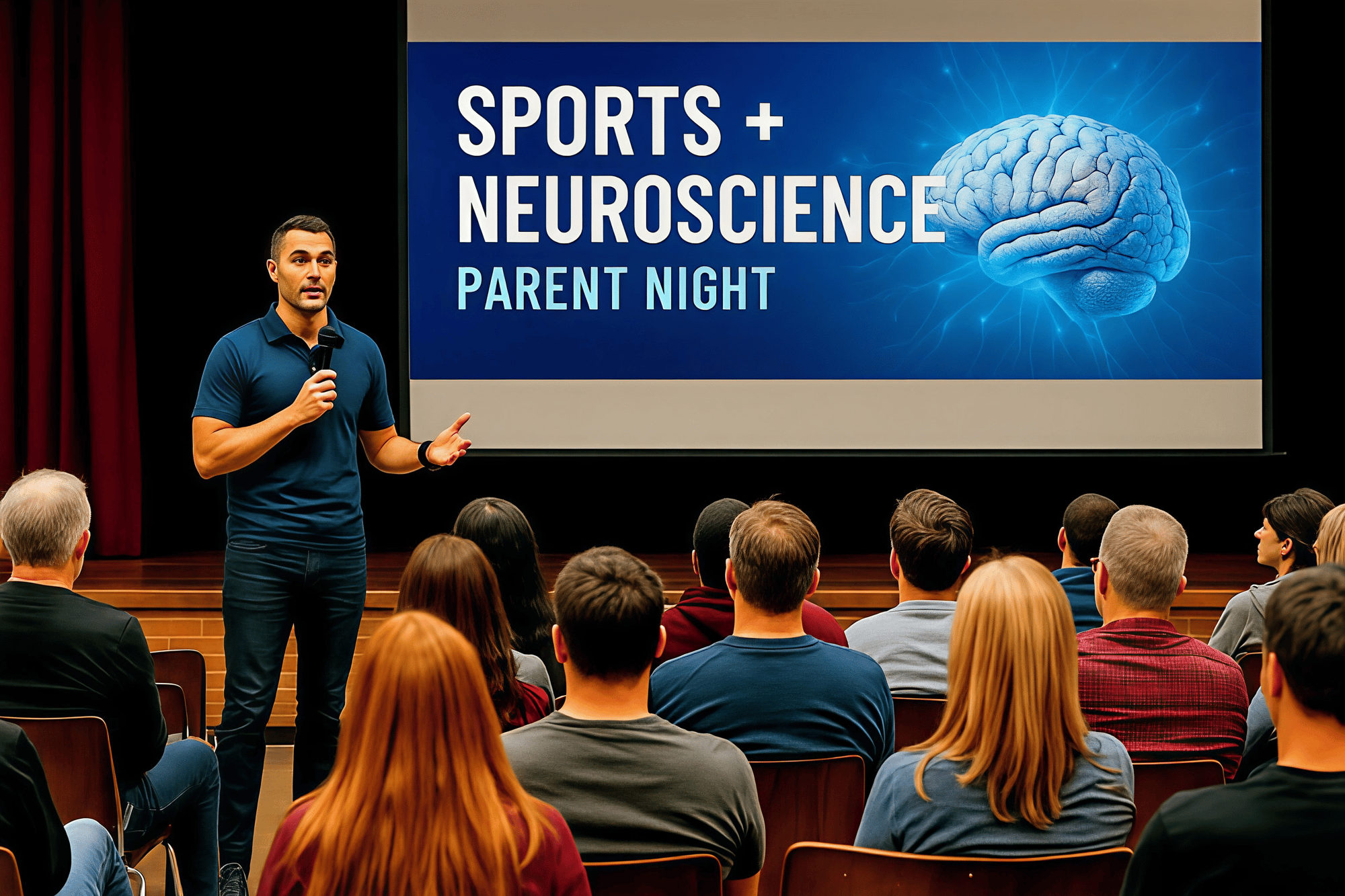 Doctor leading a Parent Night session on neuroscience and sports performance in a school auditorium, showing parents how brain science supports athlete confidence, resilience, and growth.